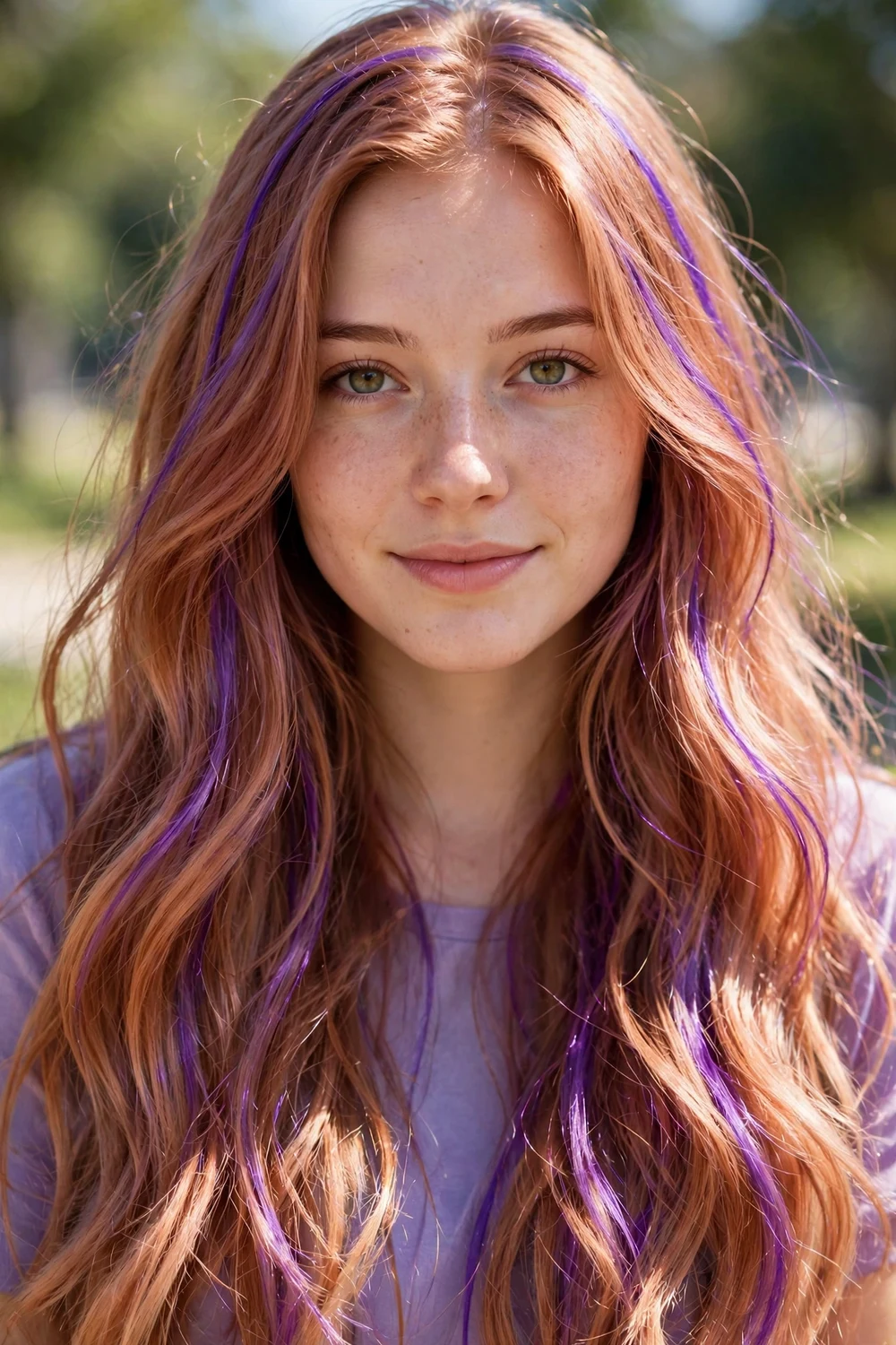 Young woman with purple light copper brown hair, subtle violet shimmer