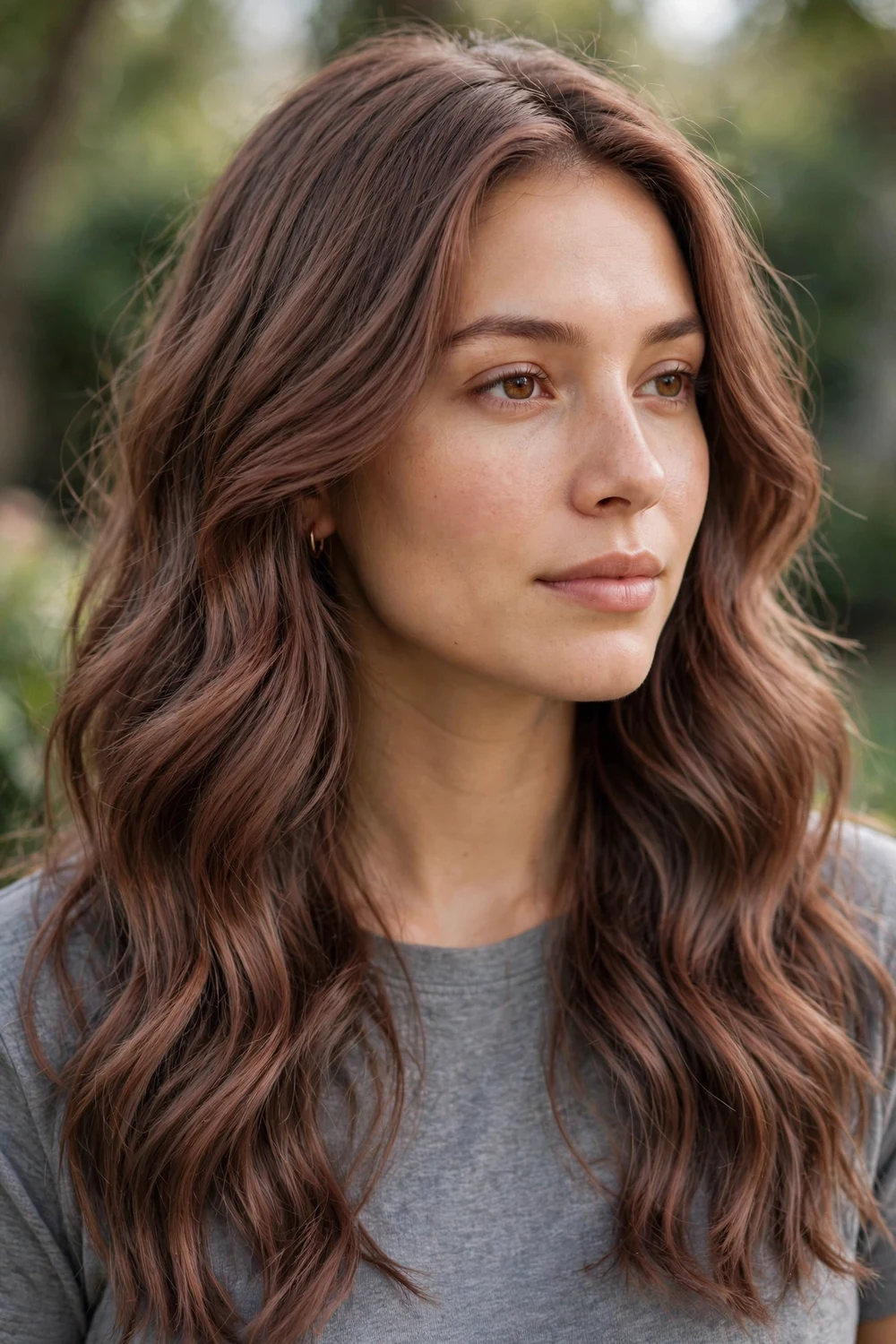 Woman with smokey copper brown hair, muted dusty copper brown