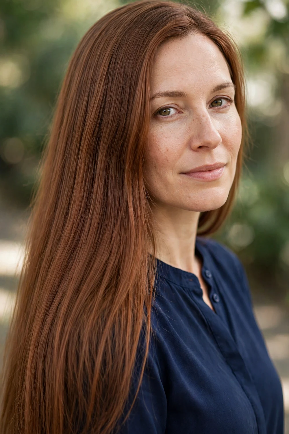 Woman with cool copper brown hair, neutral balanced tone, long straight