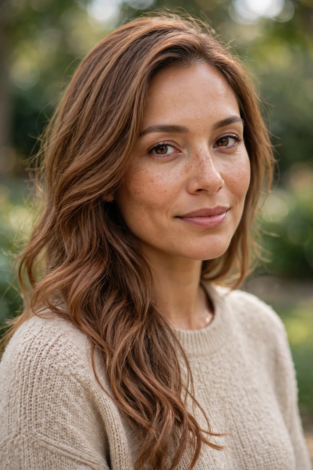 Woman with neutral copper brown hair, soft sandy copper brown