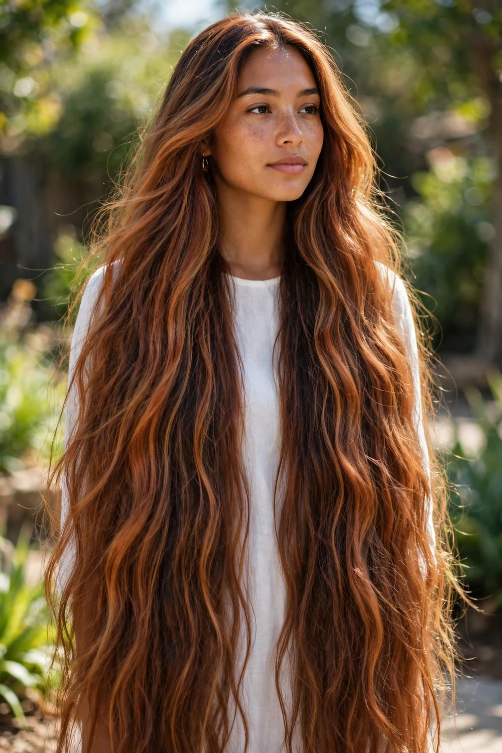Woman with long copper goddess hair, warm copper and brown balayage blend