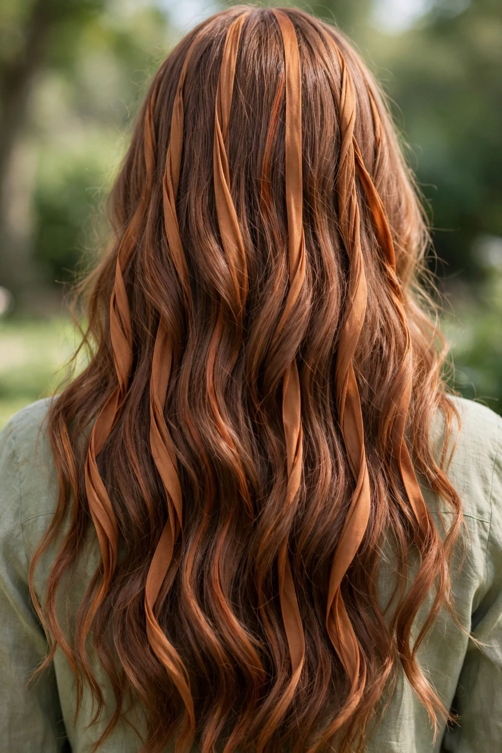 Woman with long hair showing copper cinnamon ribbon highlights from behind