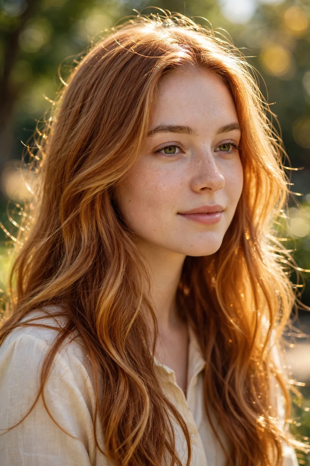 Young woman with copper brown butter hair, sweet buttery golden brown