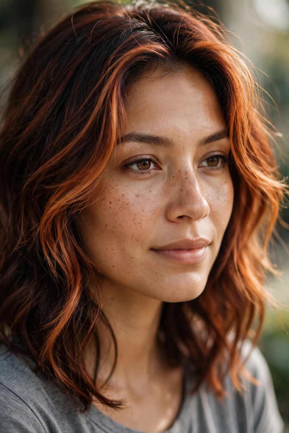 Woman with deep copper brown hair and light teasy face-framing highlights