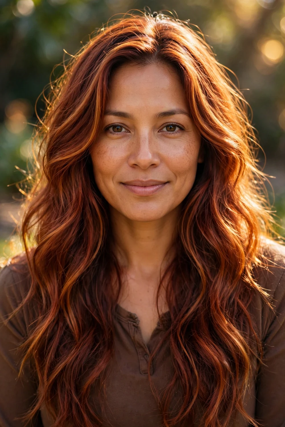 Woman with copper chestnut hair, rich reddish brown chestnut tone
