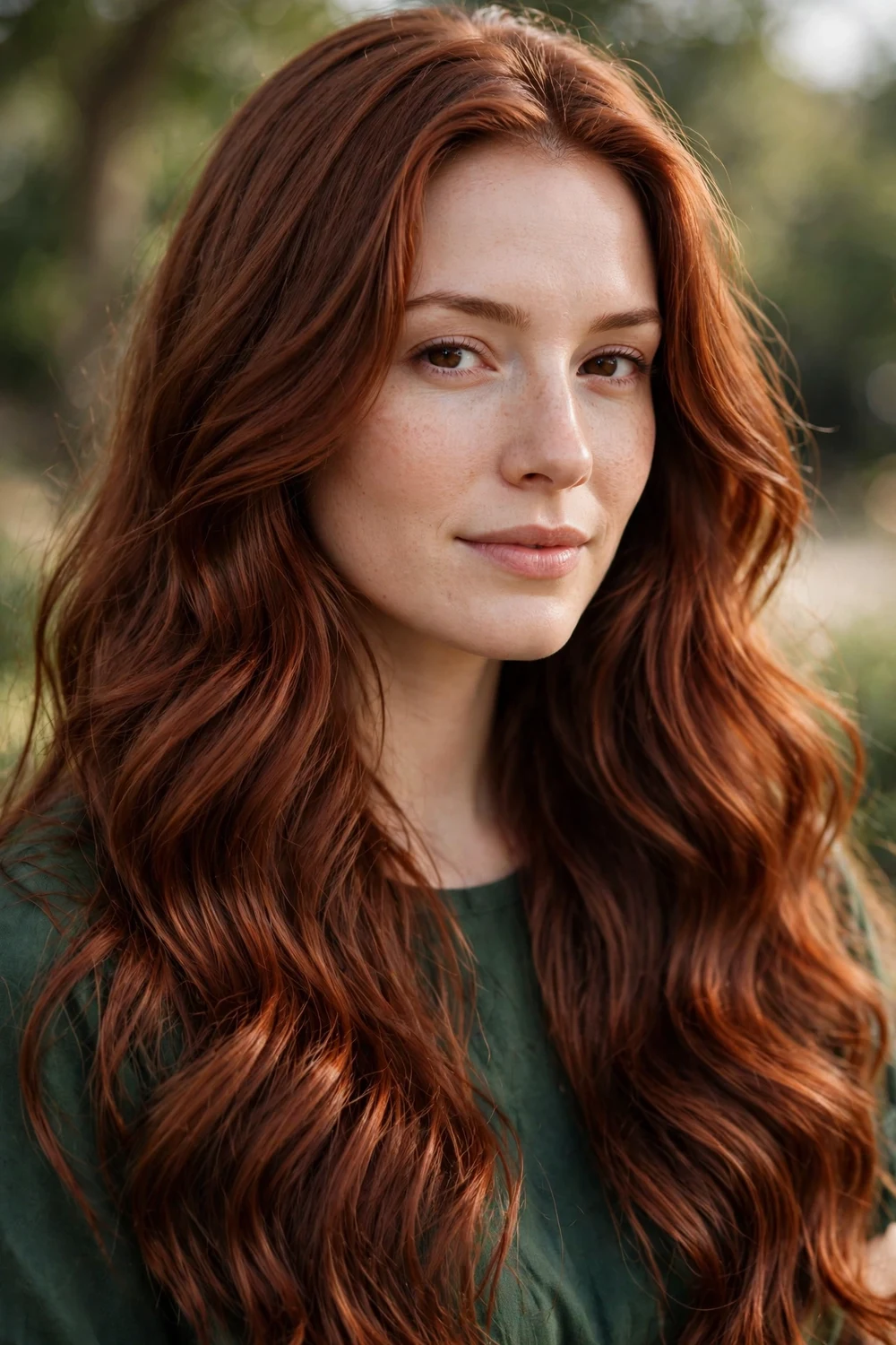 Woman with long copper ridgewood hair, mahogany-like copper brown with gentle waves