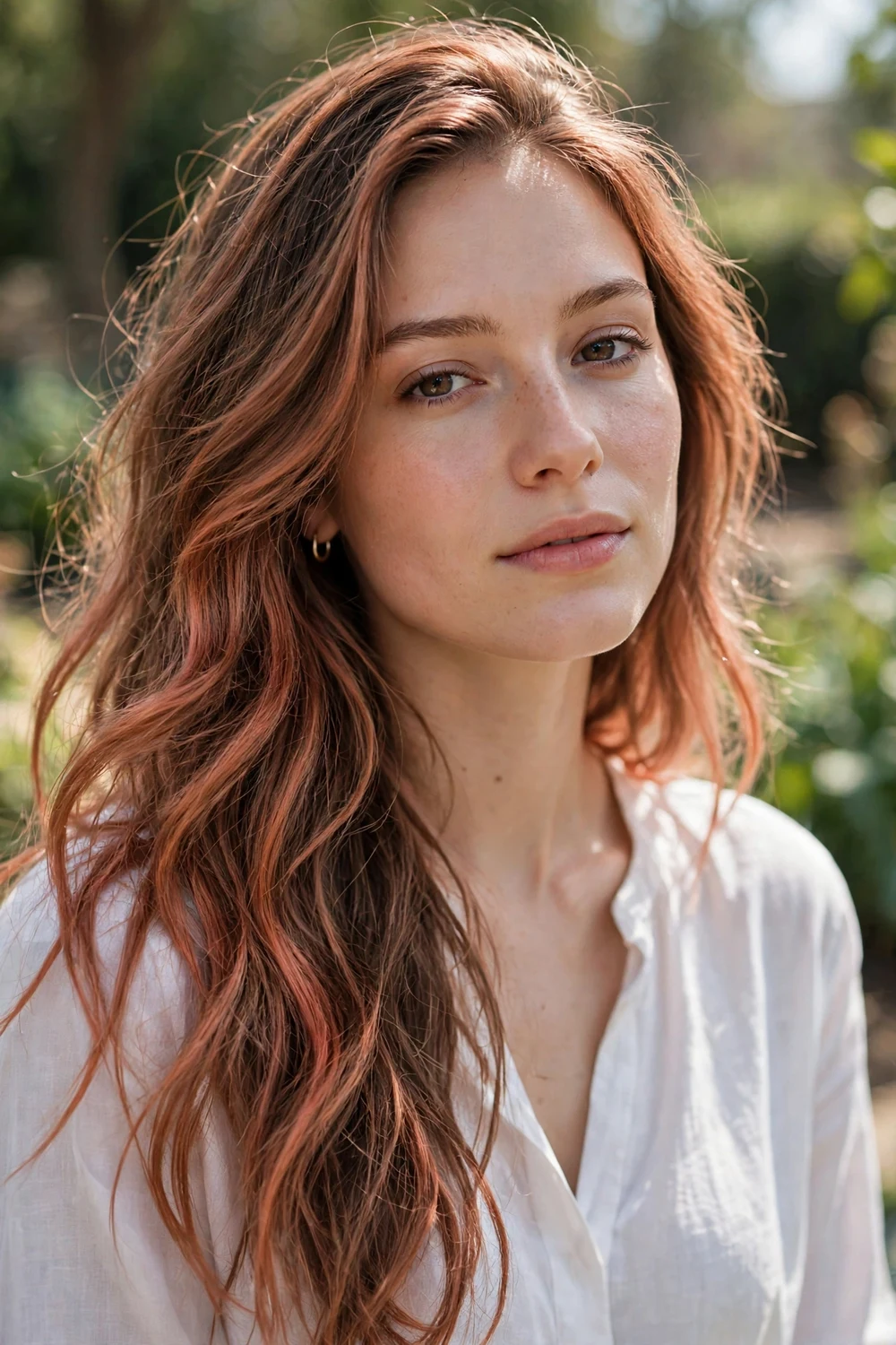 Woman with coral copper hair, cool coral-toned copper on brown base