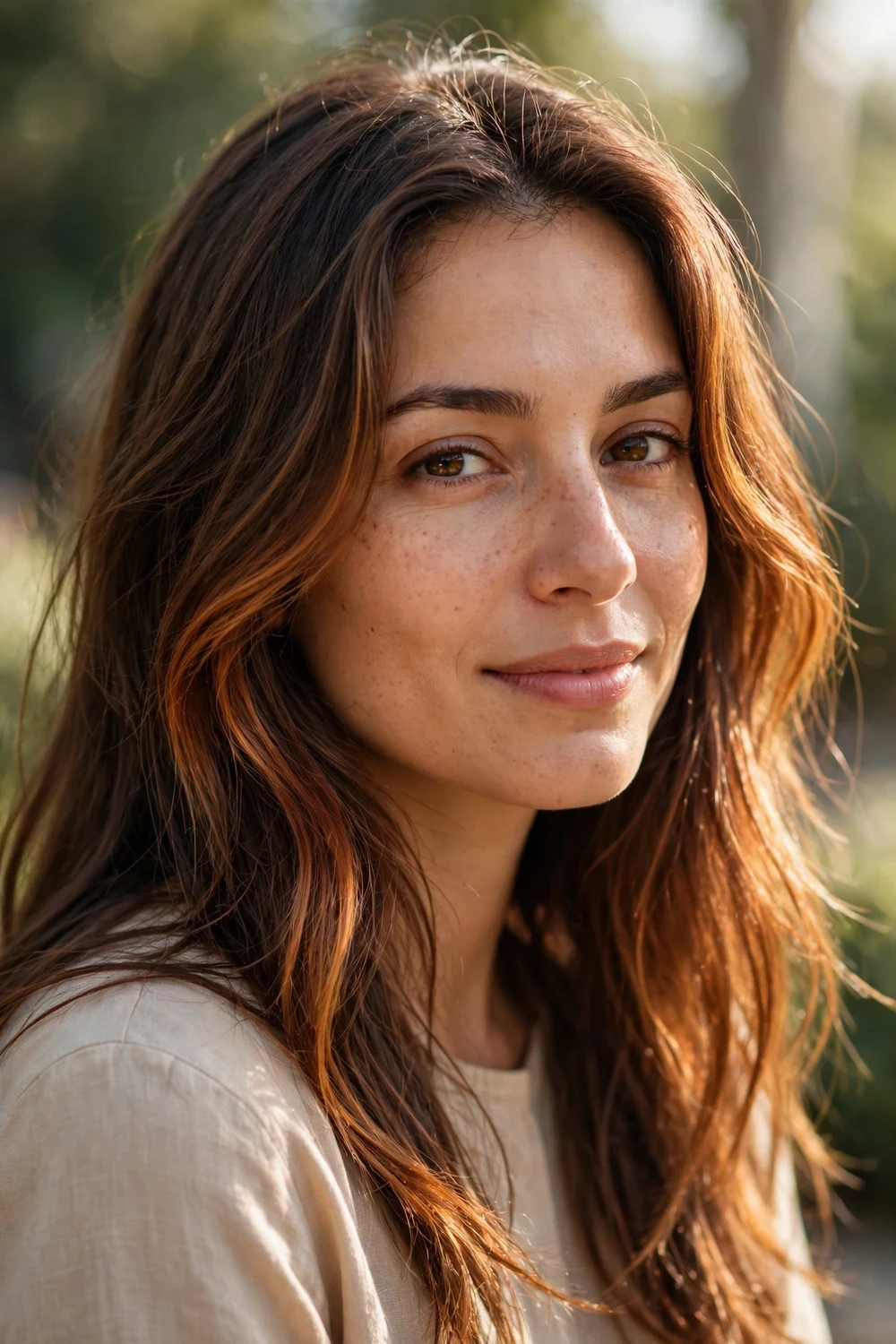 Woman with brown hair and warm golden copper face-framing highlights