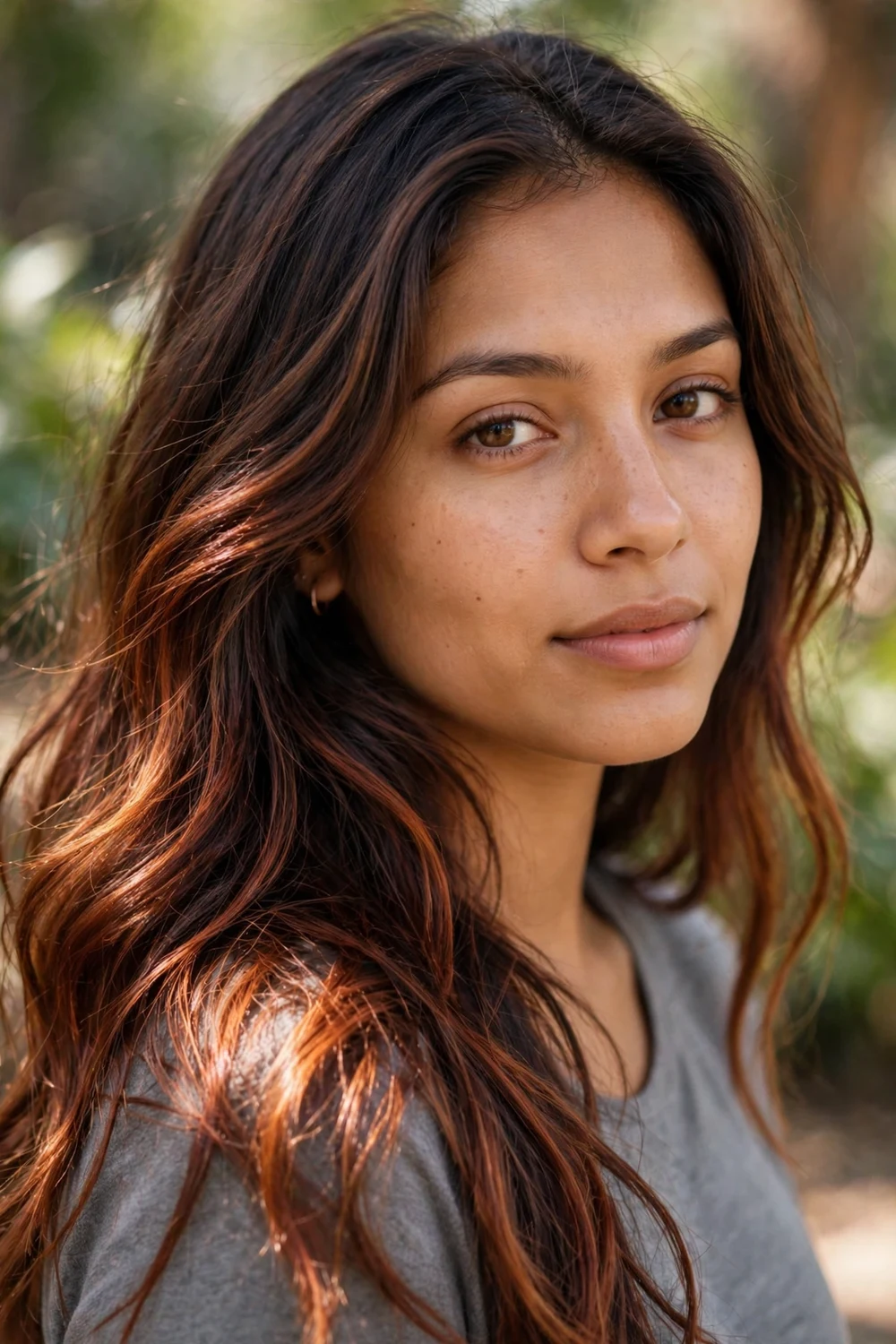 Woman with brown hair and deep copper balayage through mid-lengths and ends