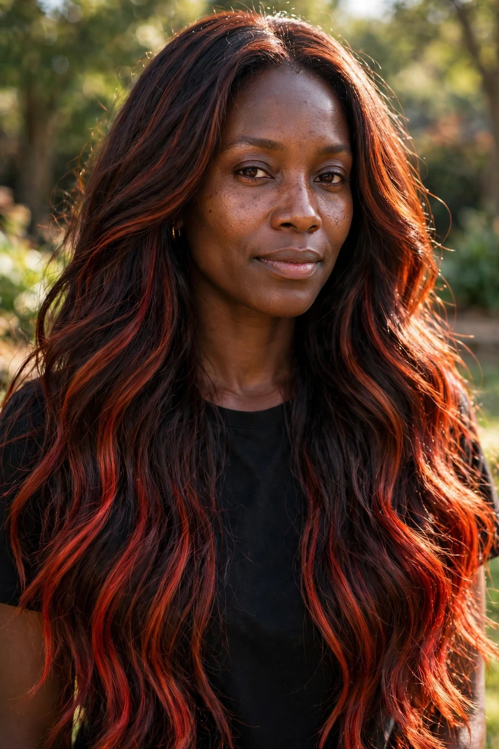 Woman with dark brown hair and subtle copper lights on the ends