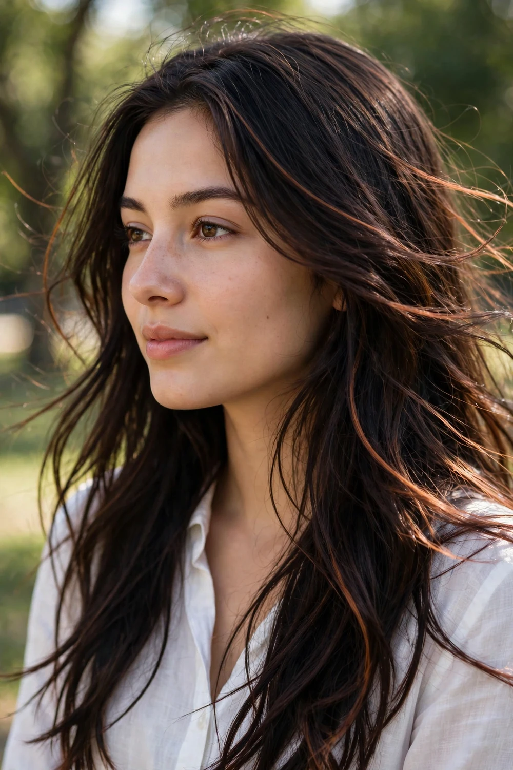 Woman with deep brunette hair and hidden subtle copper ribbon highlights