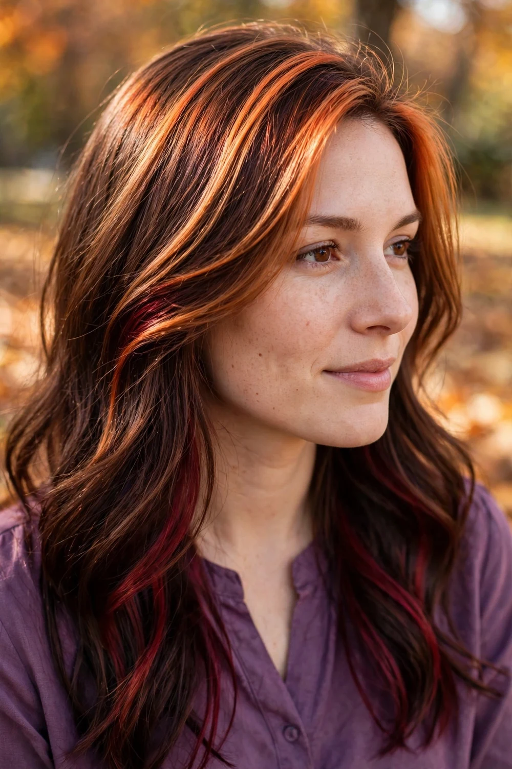 Woman with burgundy lowlights and copper highlights in brown hair