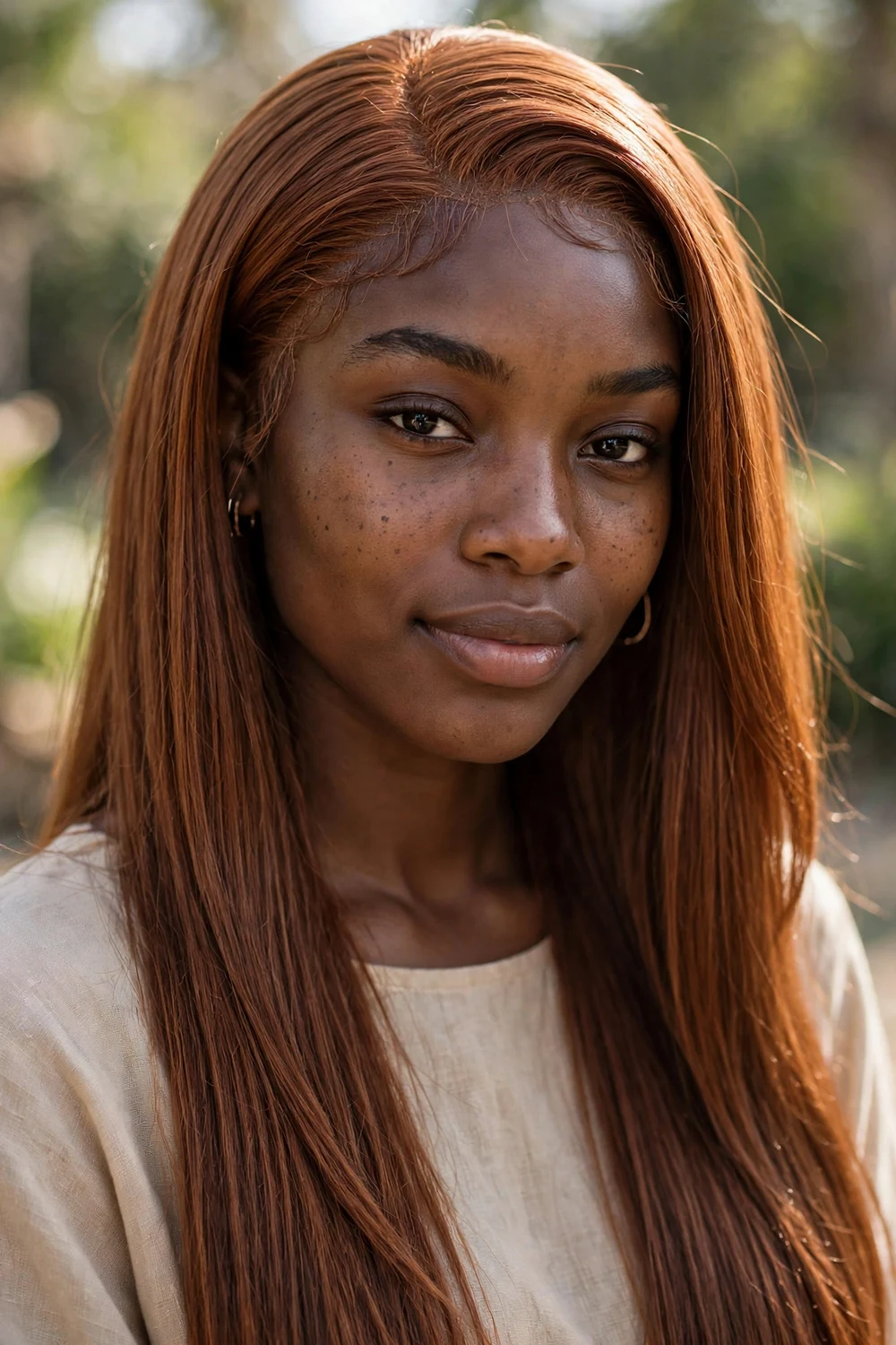 Woman wearing a copper brown lace front wig with natural hairline