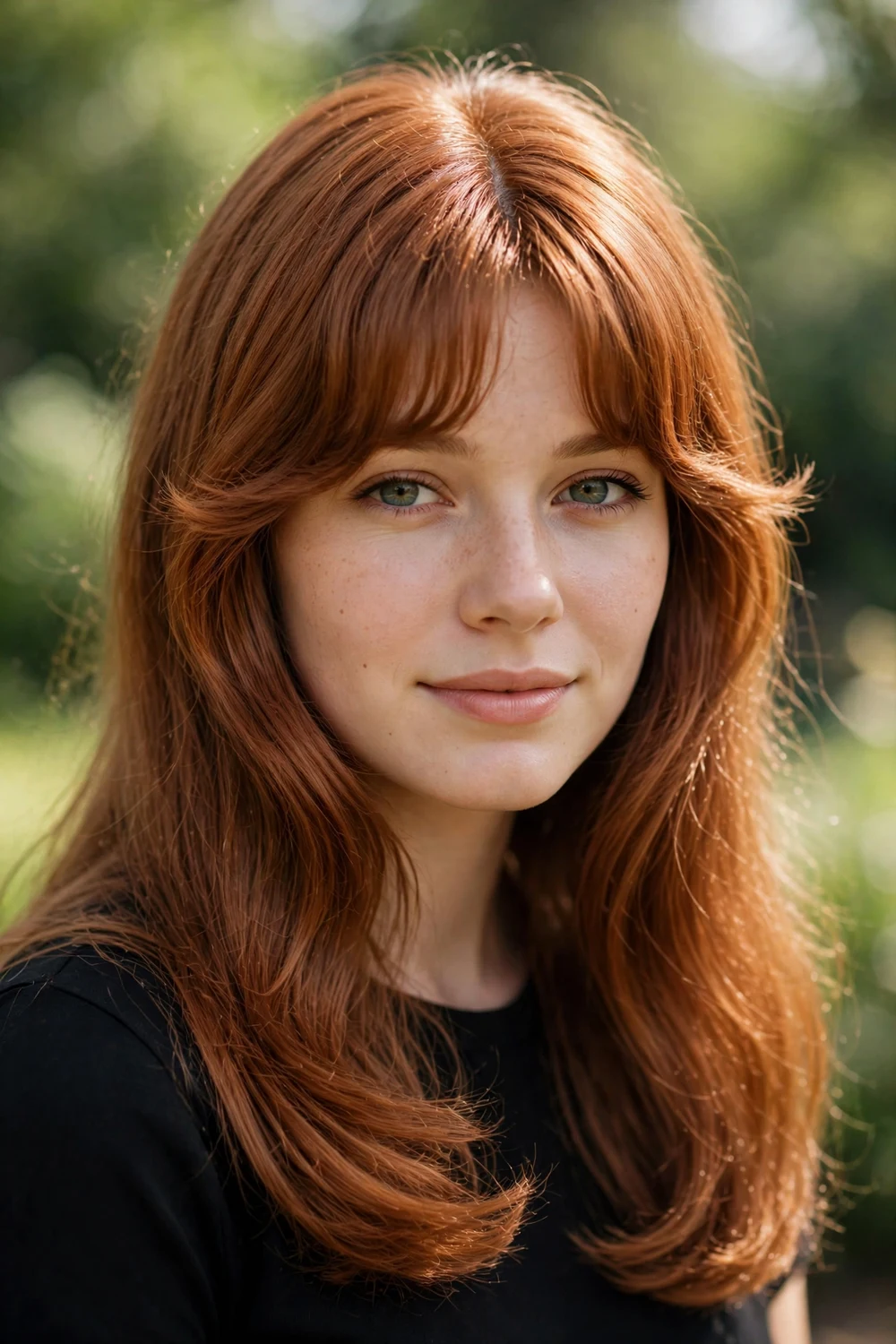 Woman with copper brown hair and Bardot-style curtain bangs