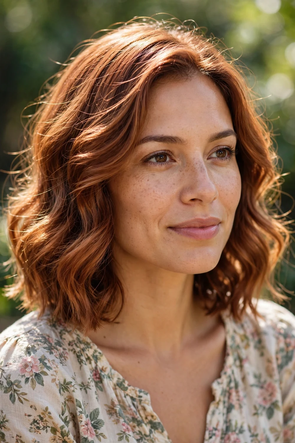 Woman with medium-length wavy copper brown hair, soft feminine waves