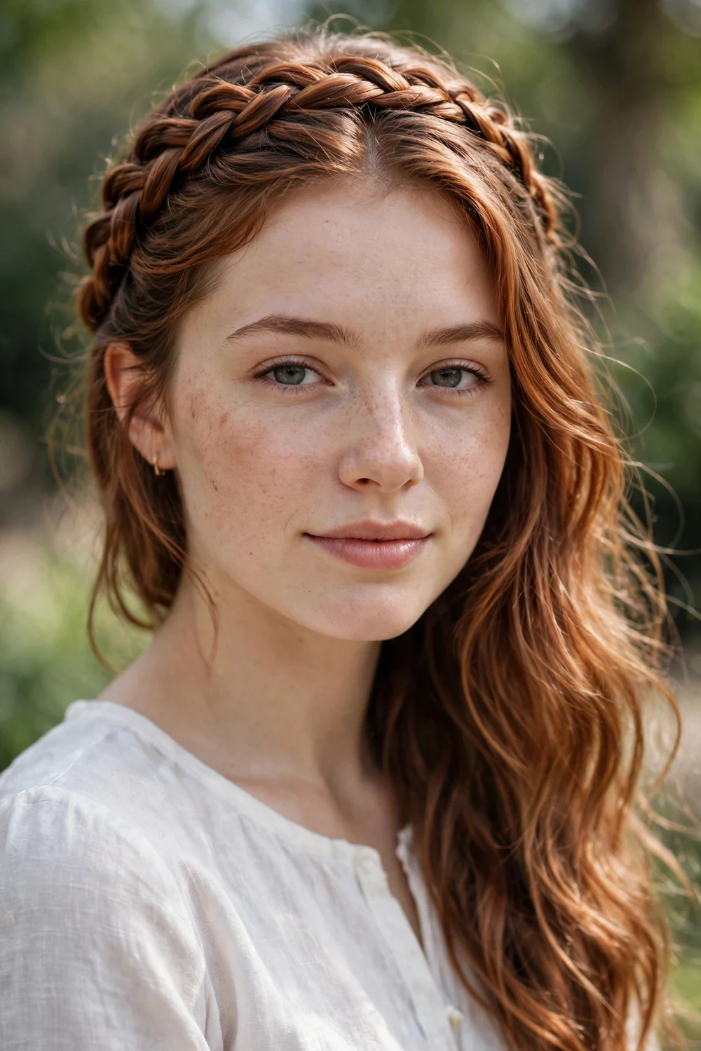 Woman with copper brown hair in a crown braid, half-up style