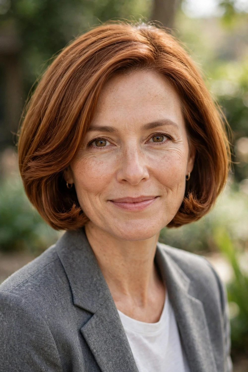 Woman with chic short copper brown bob with curled-under ends
