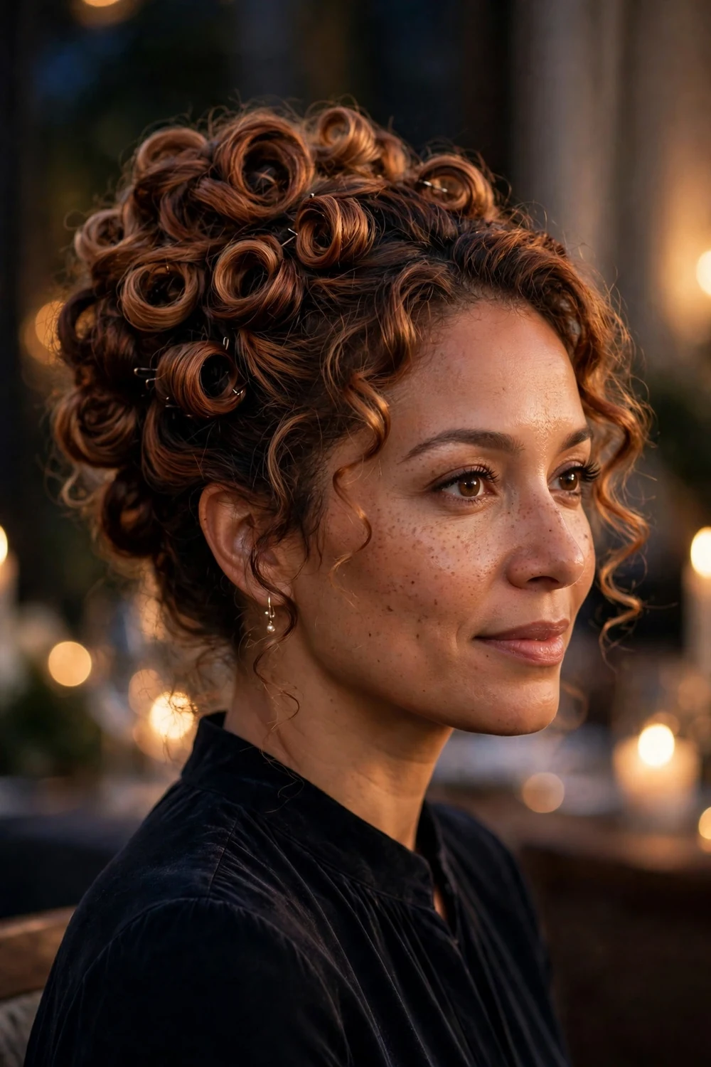 Woman with copper brown hair in an elegant curly updo