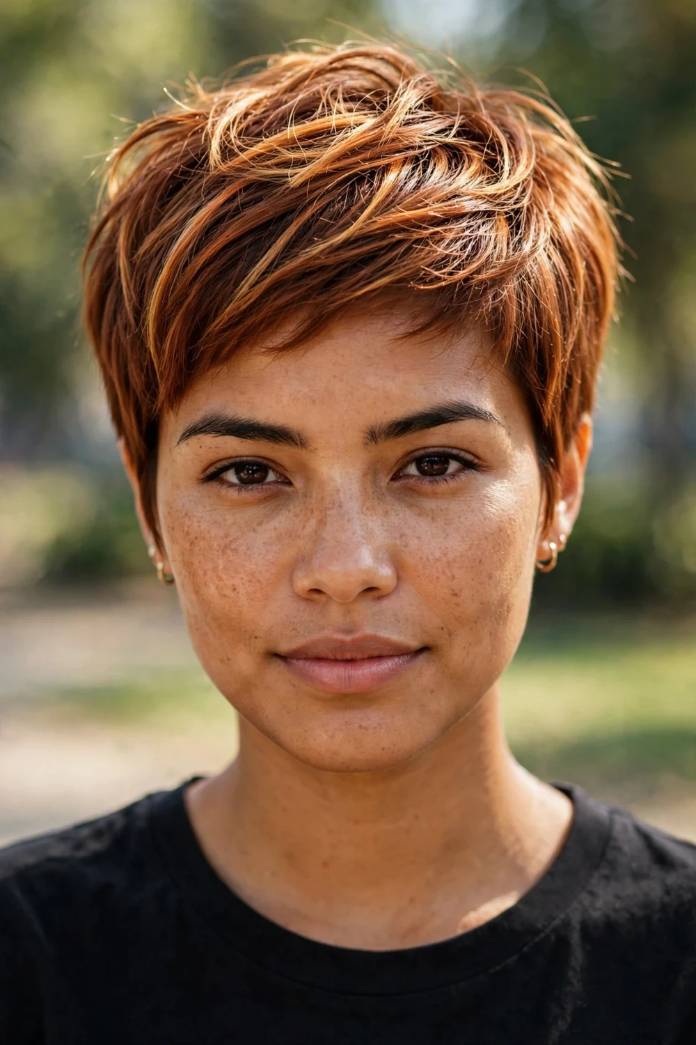 Woman with short copper brown pixie cut with lighter highlight pieces