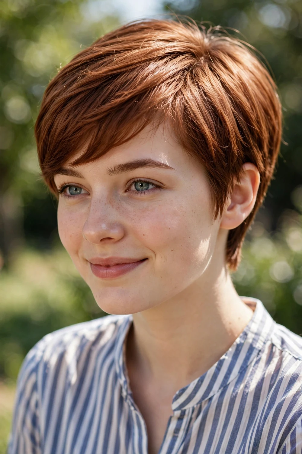 Woman with short copper brown hair and short side-swept bangs
