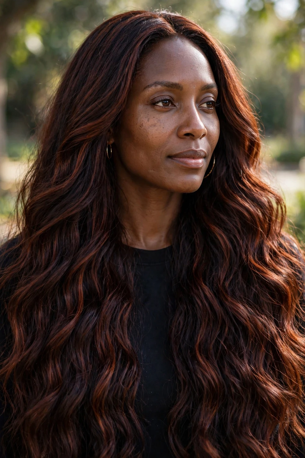Woman with deep copper brown hair, dark rich shade for natural brunettes