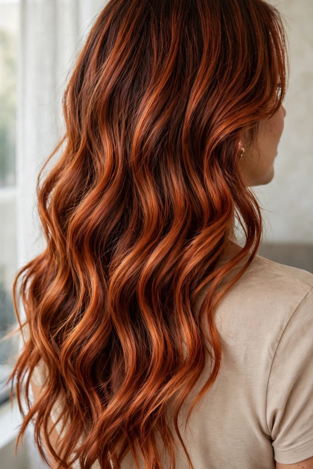 Copper canyon balayage with deep rich copper waves