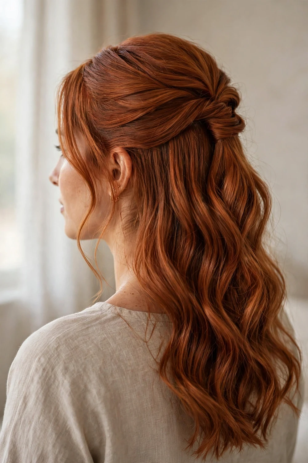 Copper cinnamon half-up twist with flowing wavy lengths