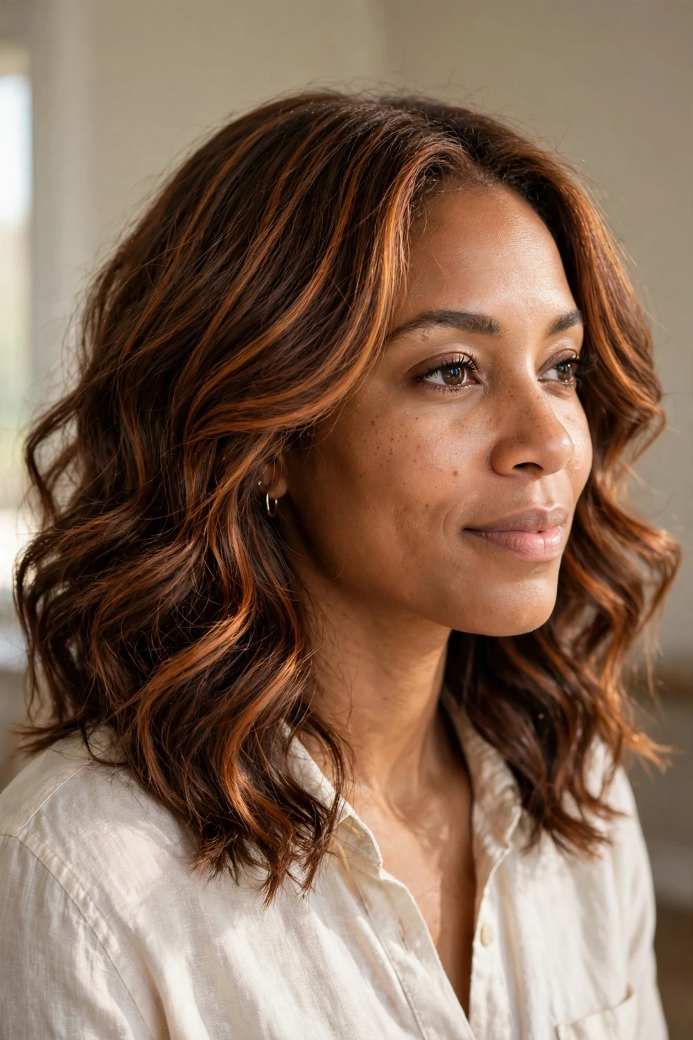 Medium brown wavy hair with copper cinnamon highlight pieces