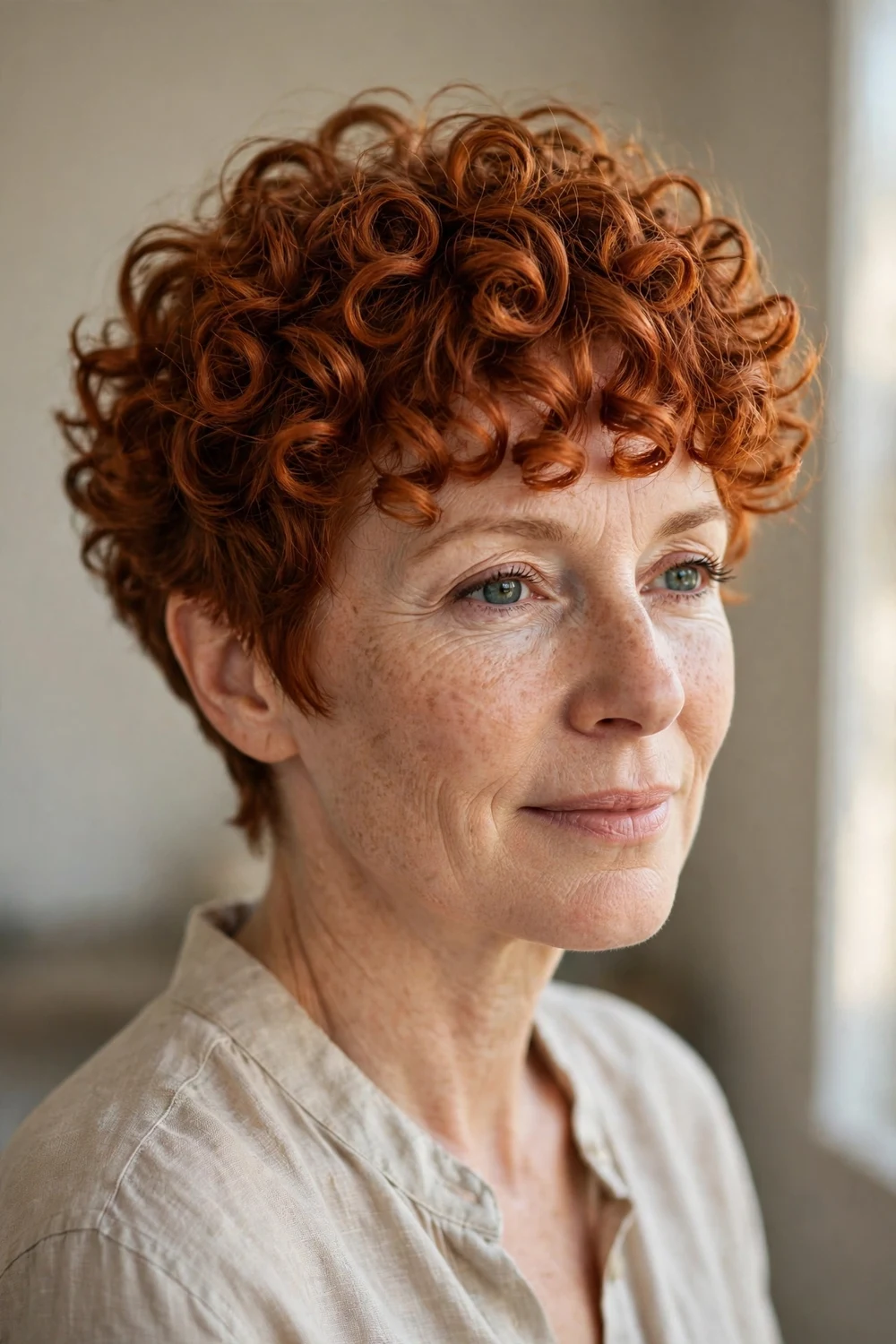 Copper curly pixie with bangs in rich red tones