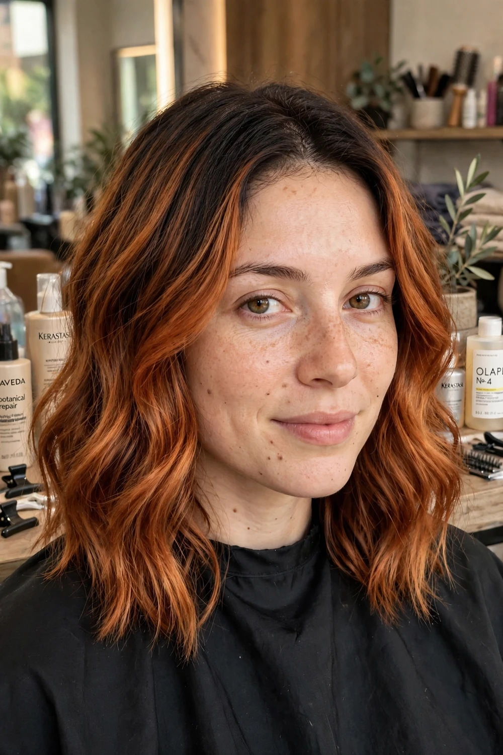 Woman with copper hair and dark roots, lived-in shadow root effect