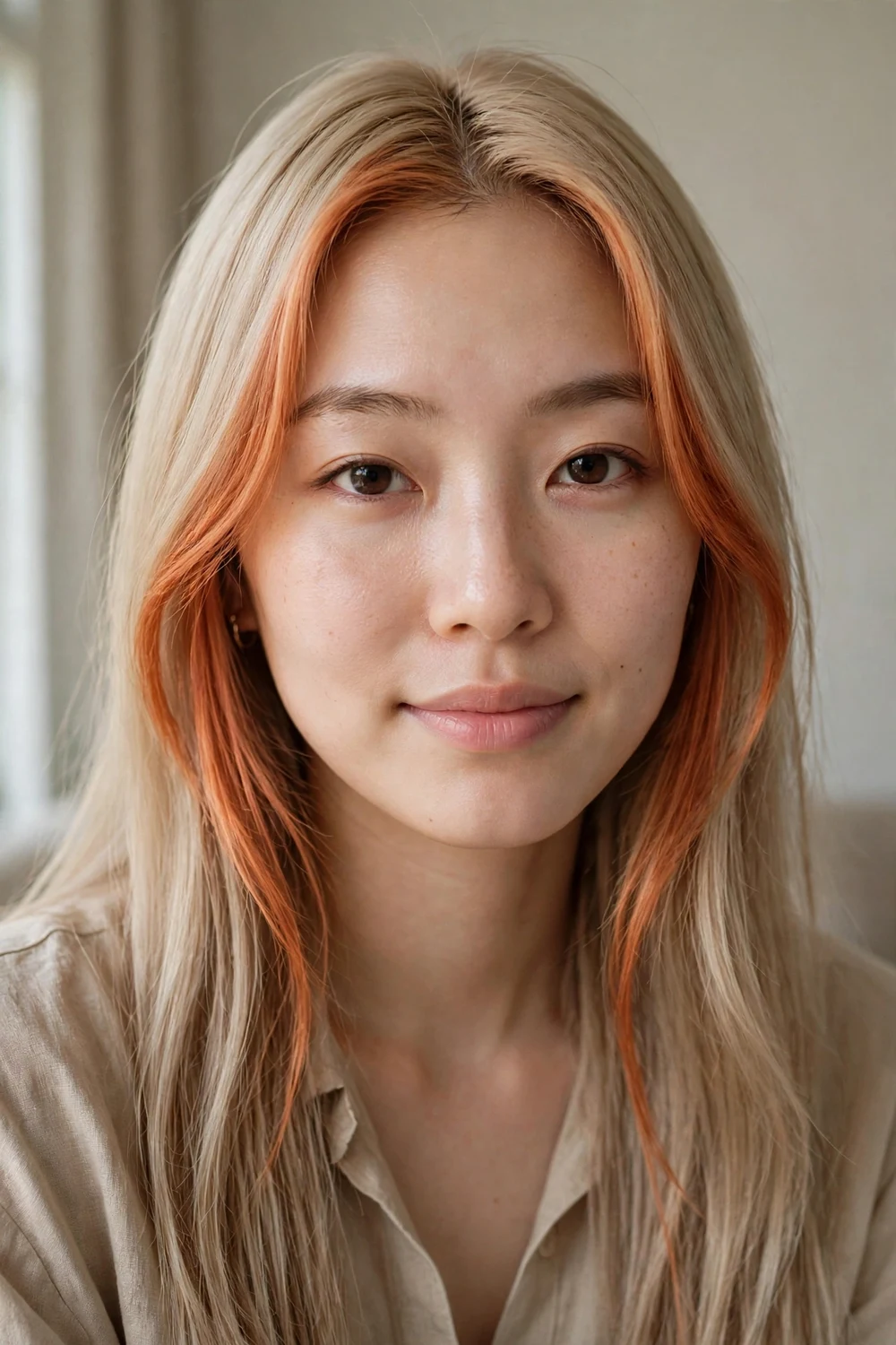 Beige blonde long hair with warm copper face-framing sections