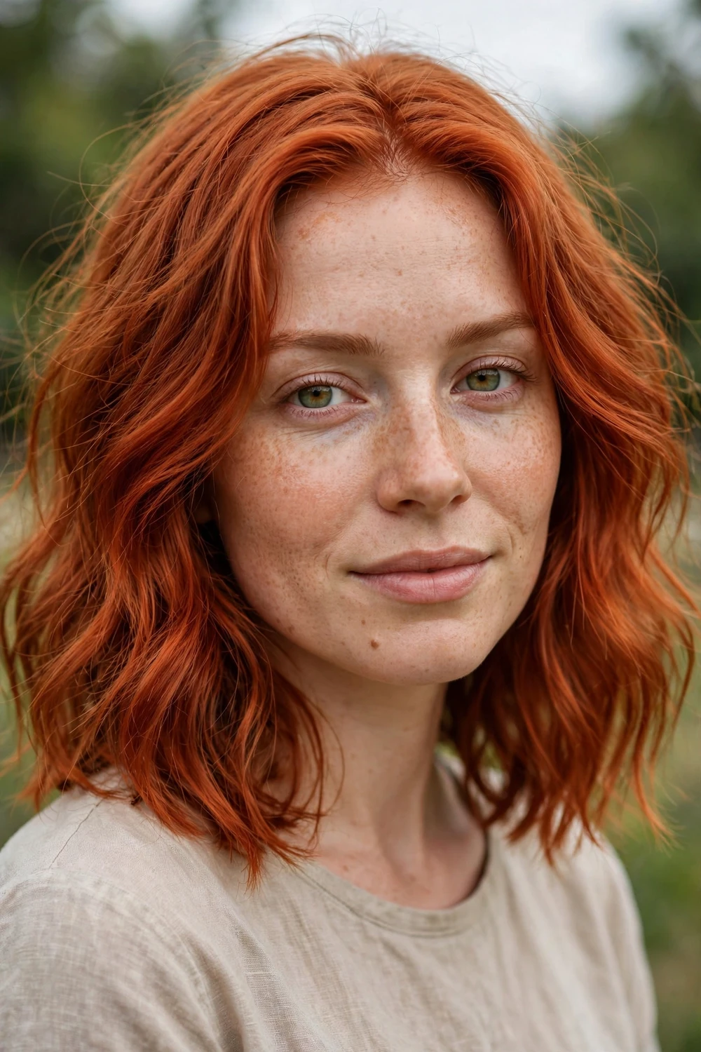 Woman with natural copper ginger hair, light fiery natural redhead tones