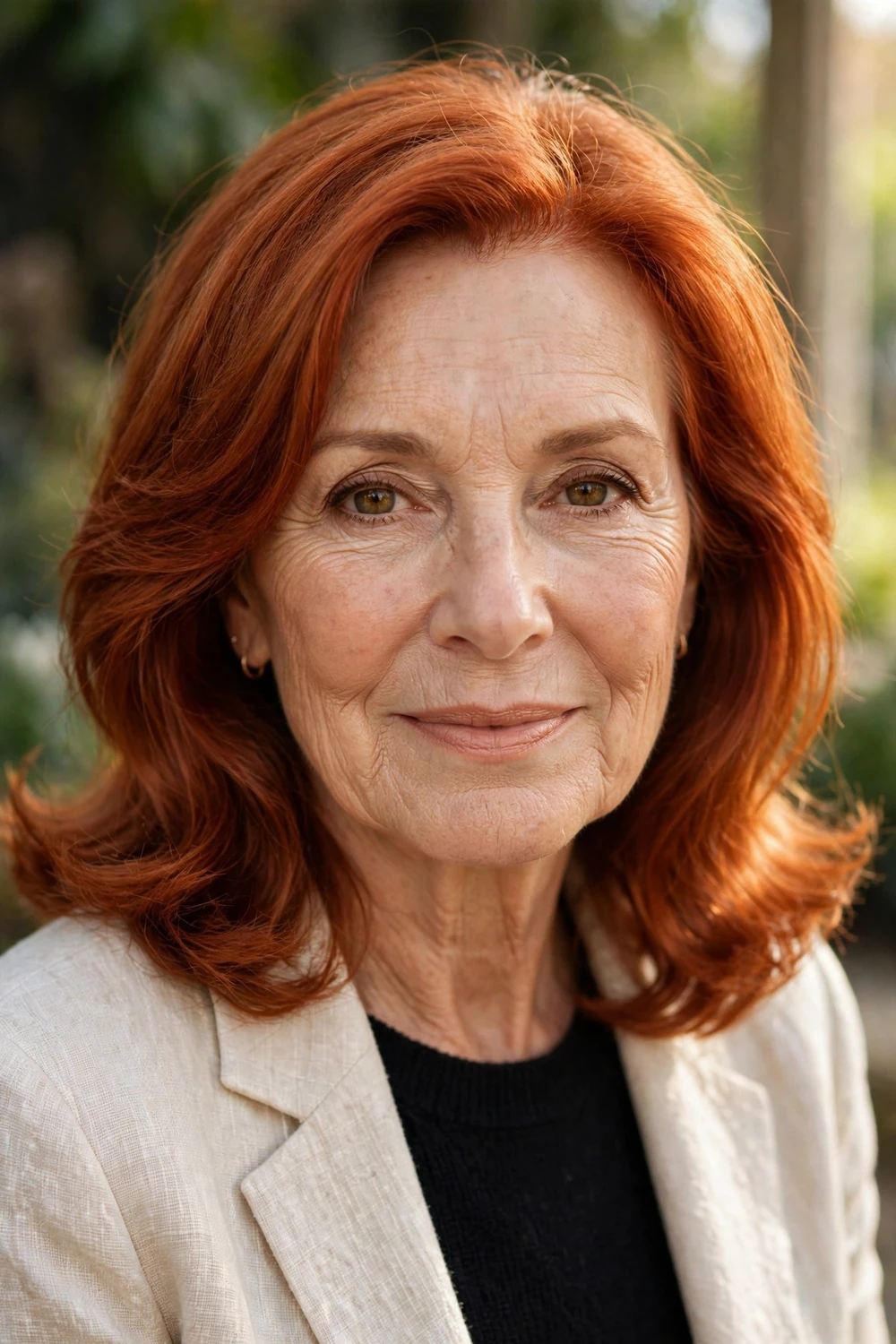 Mature woman with copper hair covering gray, elegant vibrant copper