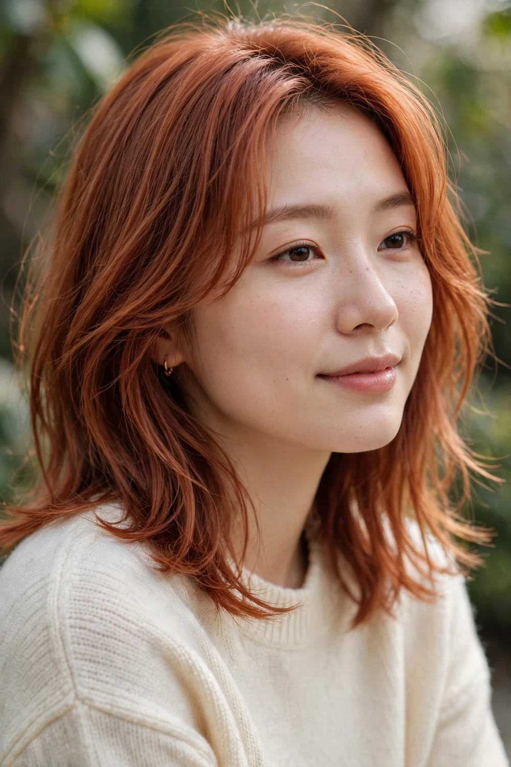 Woman with cinnamon copper hair, warm spicy cinnamon brown-red tones