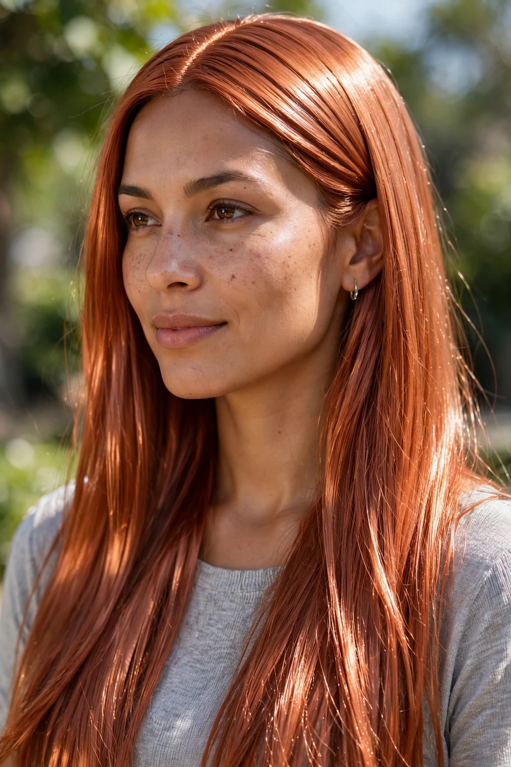 Woman with metallic copper hair, high-shine reflective copper tones