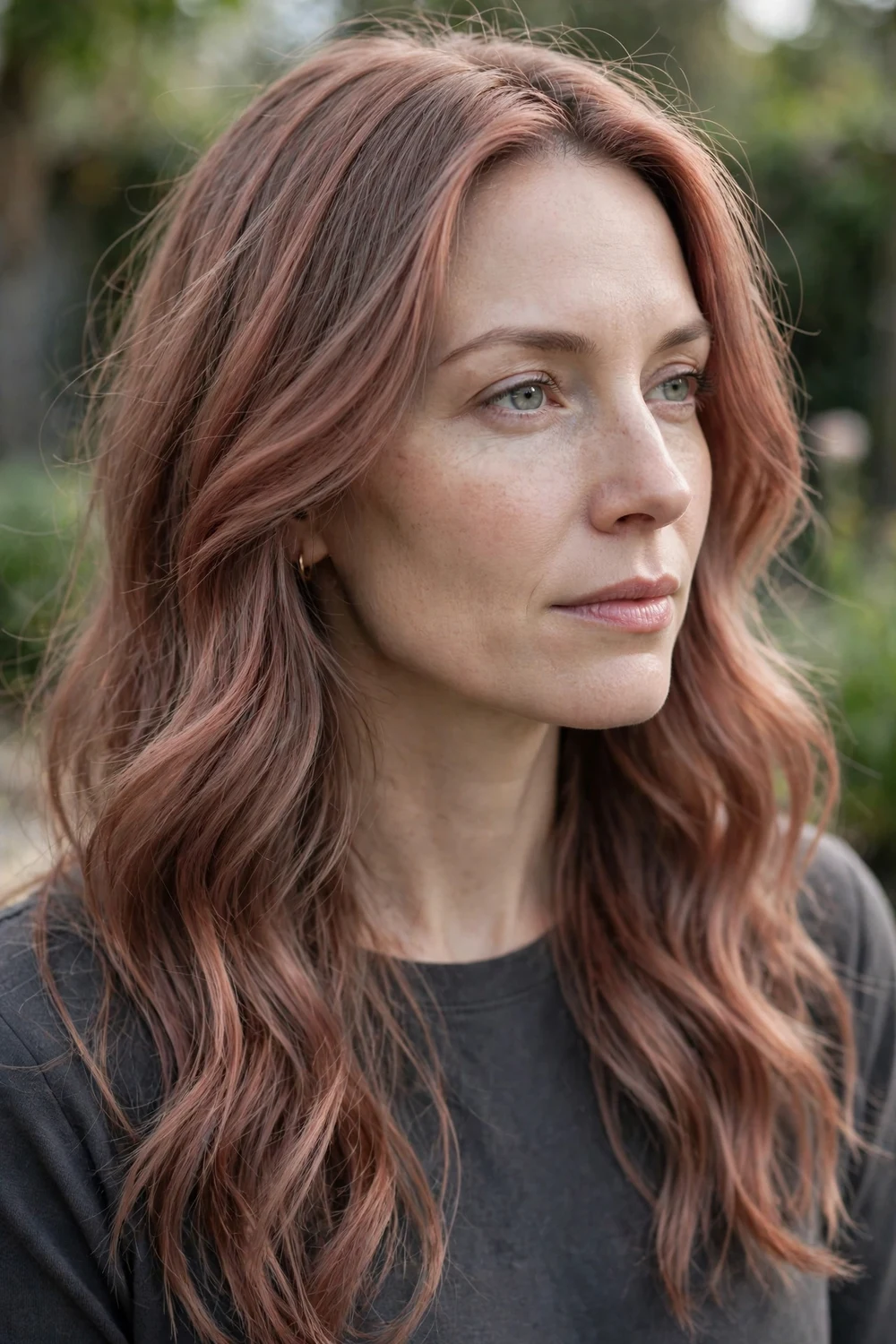 Woman with smoky copper hair, muted dusty copper with cool undertones