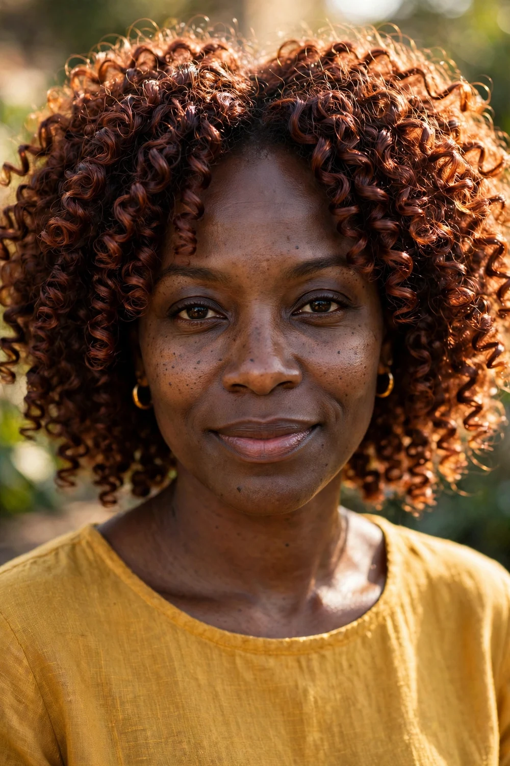 Woman with deep copper curly hair, rich copper on voluminous curls