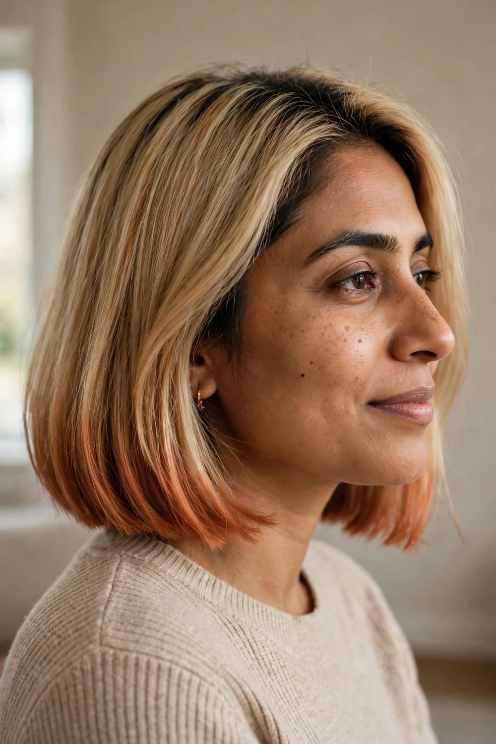 Blonde chin-length bob with the ends kissed in copper color