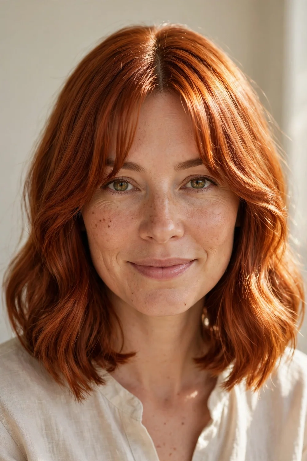 Copper colored long bob with curtain bangs
