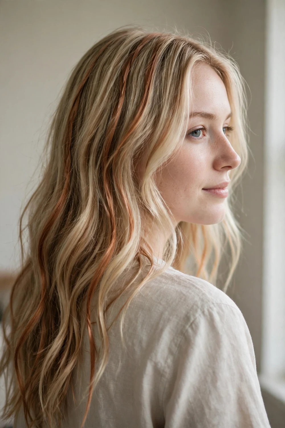 Light blonde long hair with thin copper lowlight ribbons woven through