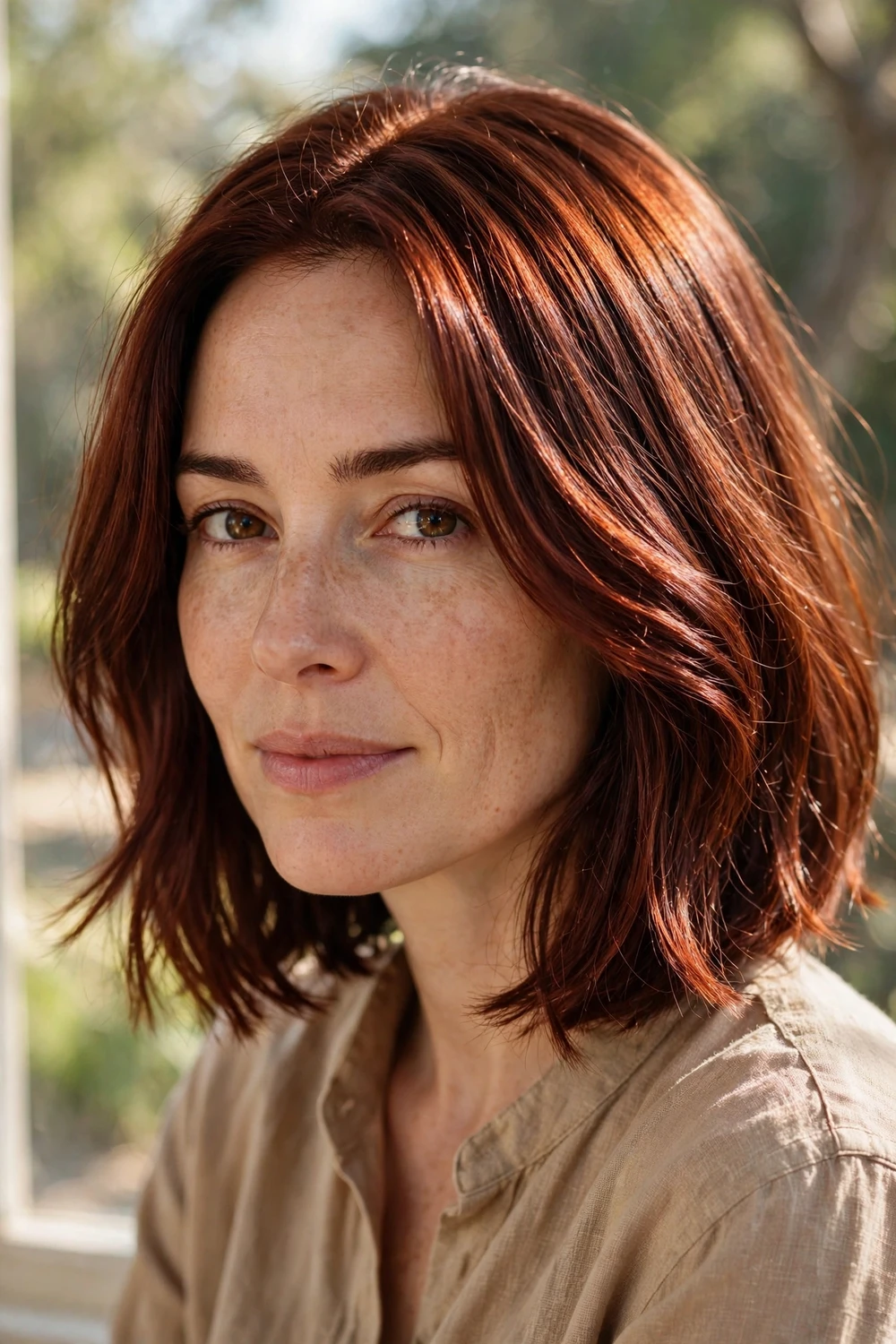 Woman with copper mahogany hair, deep brownish-red with copper reflects