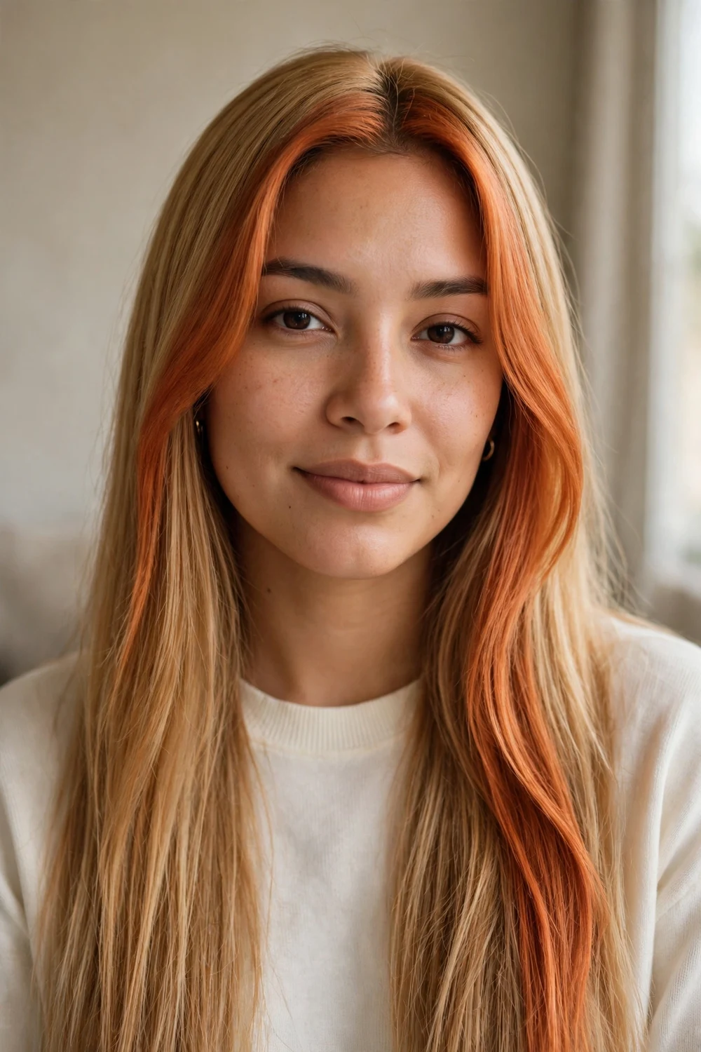 Honey blonde long hair with a bold copper money piece framing the face