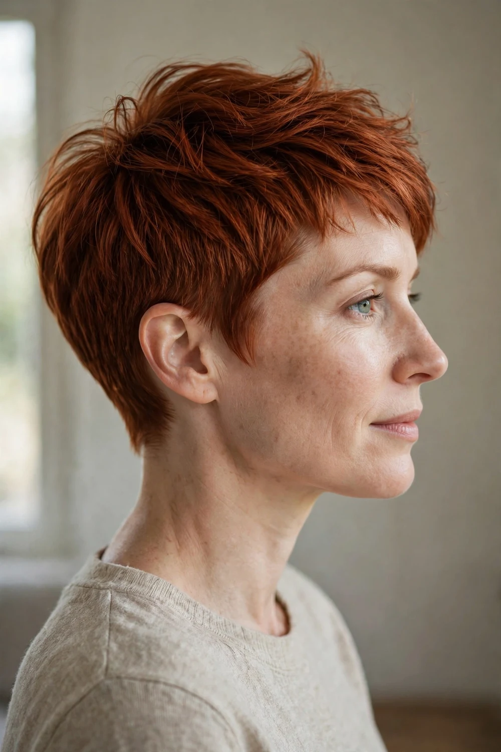 Copper pixie with cropped back and sides