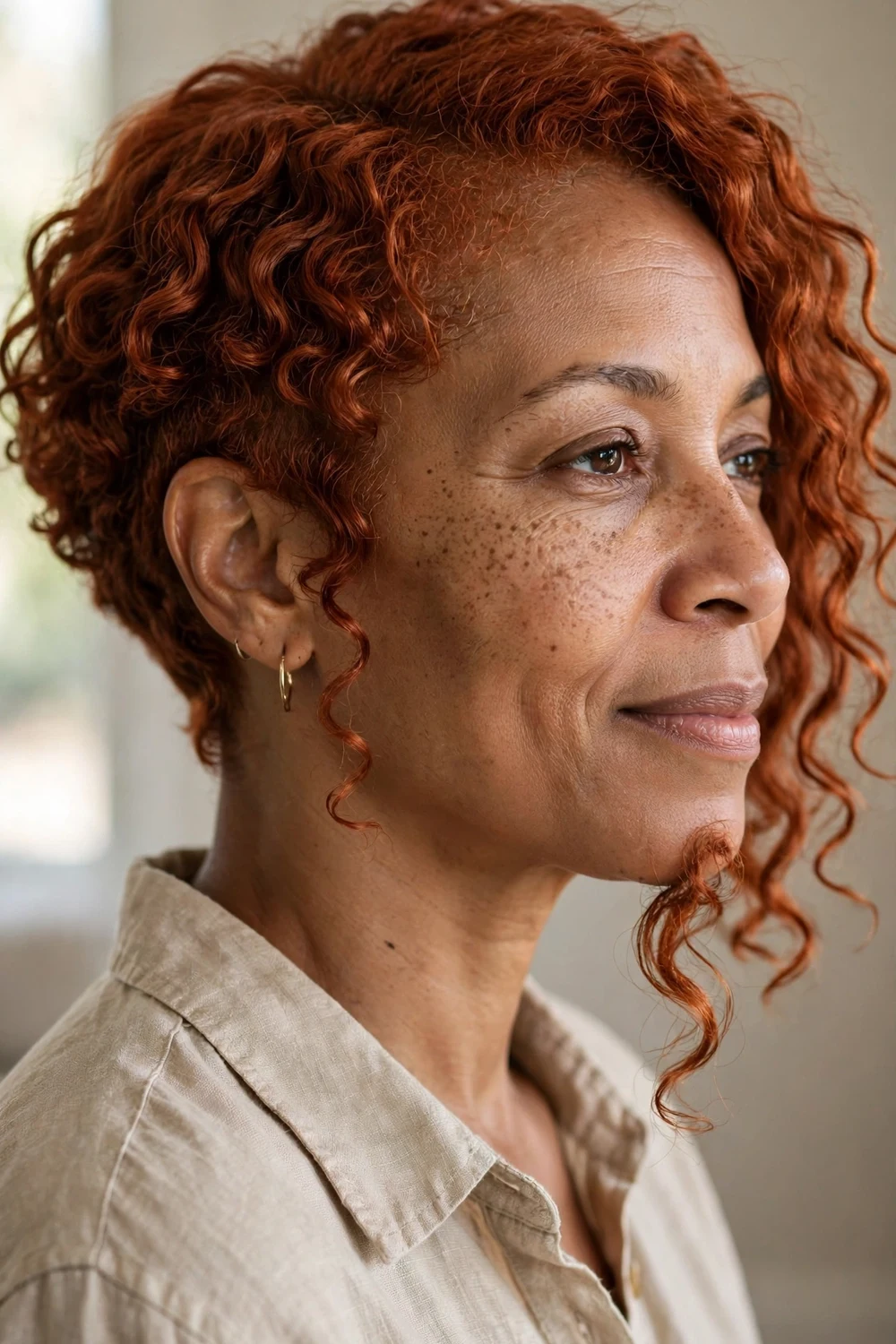 Black woman with copper red asymmetrical bob worn on natural curly texture