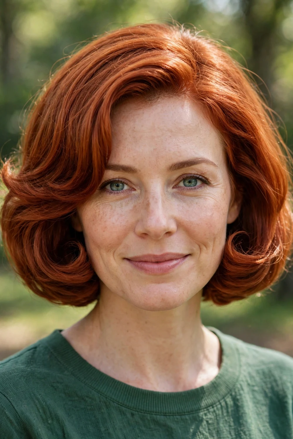 Woman with a copper red Italian bob haircut with warm dimensional color