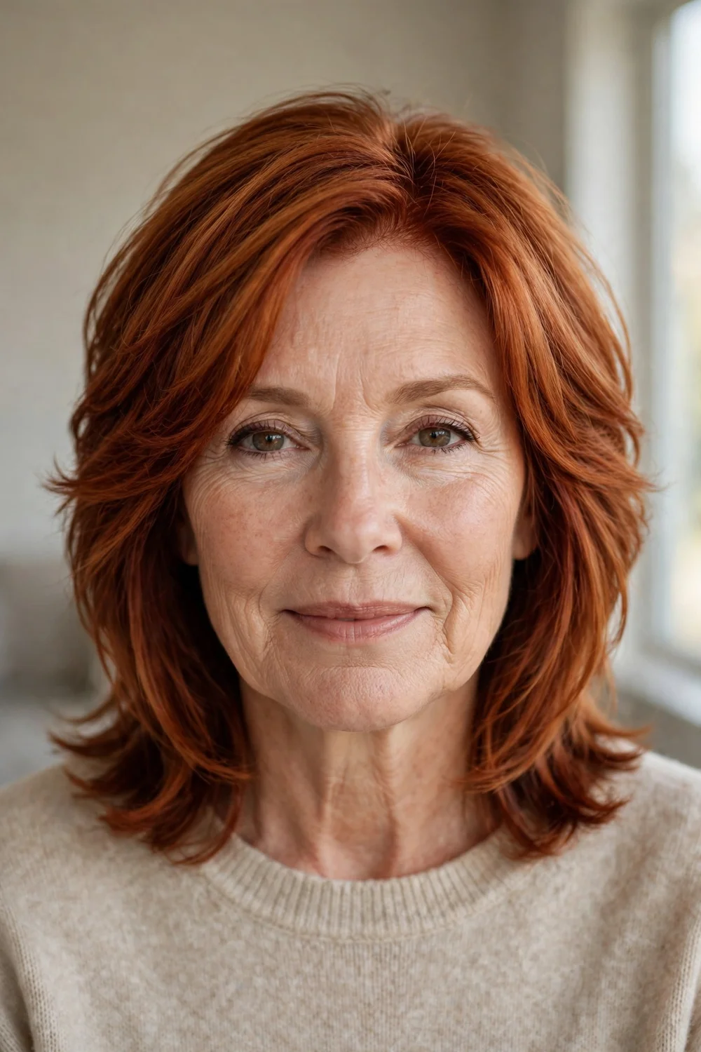 54-year-old woman with copper-red layered medium hair, front view