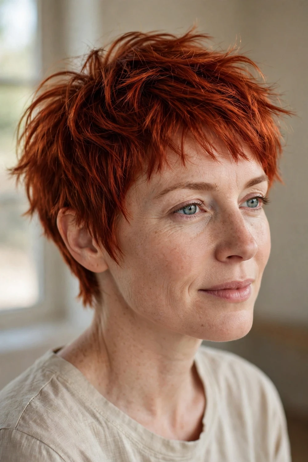 Copper red choppy pixie with multidimensional layered color