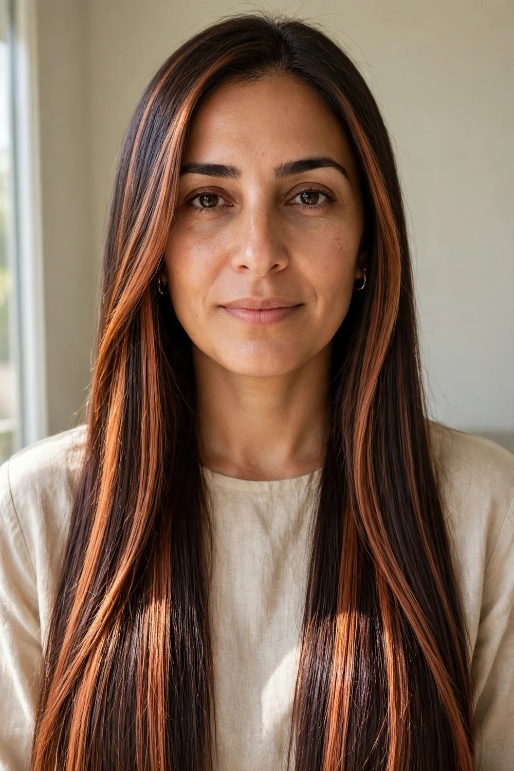Long straight dark brown hair with metallic copper balayage ribbons