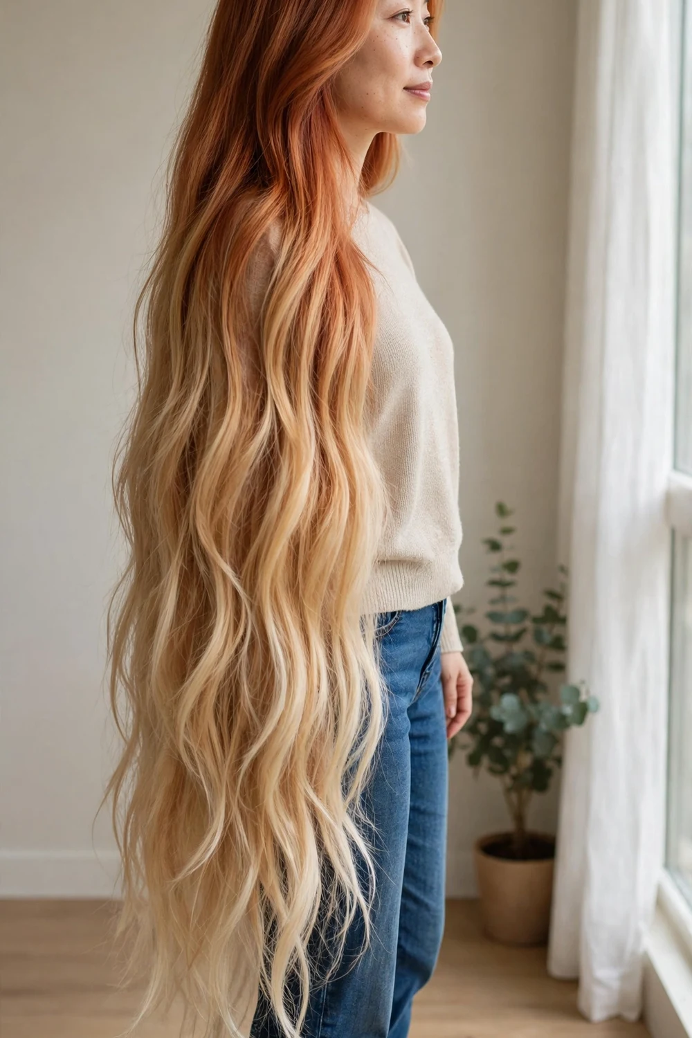 Long layered hair with copper roots melting into blonde mid-lengths and ends
