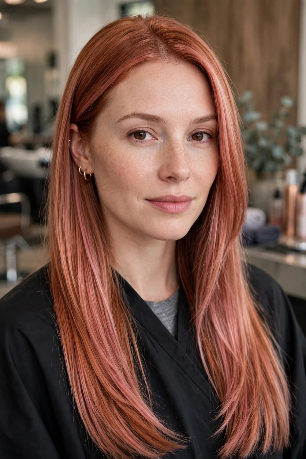 Woman with copper rose gold hair, soft copper with pink undertones